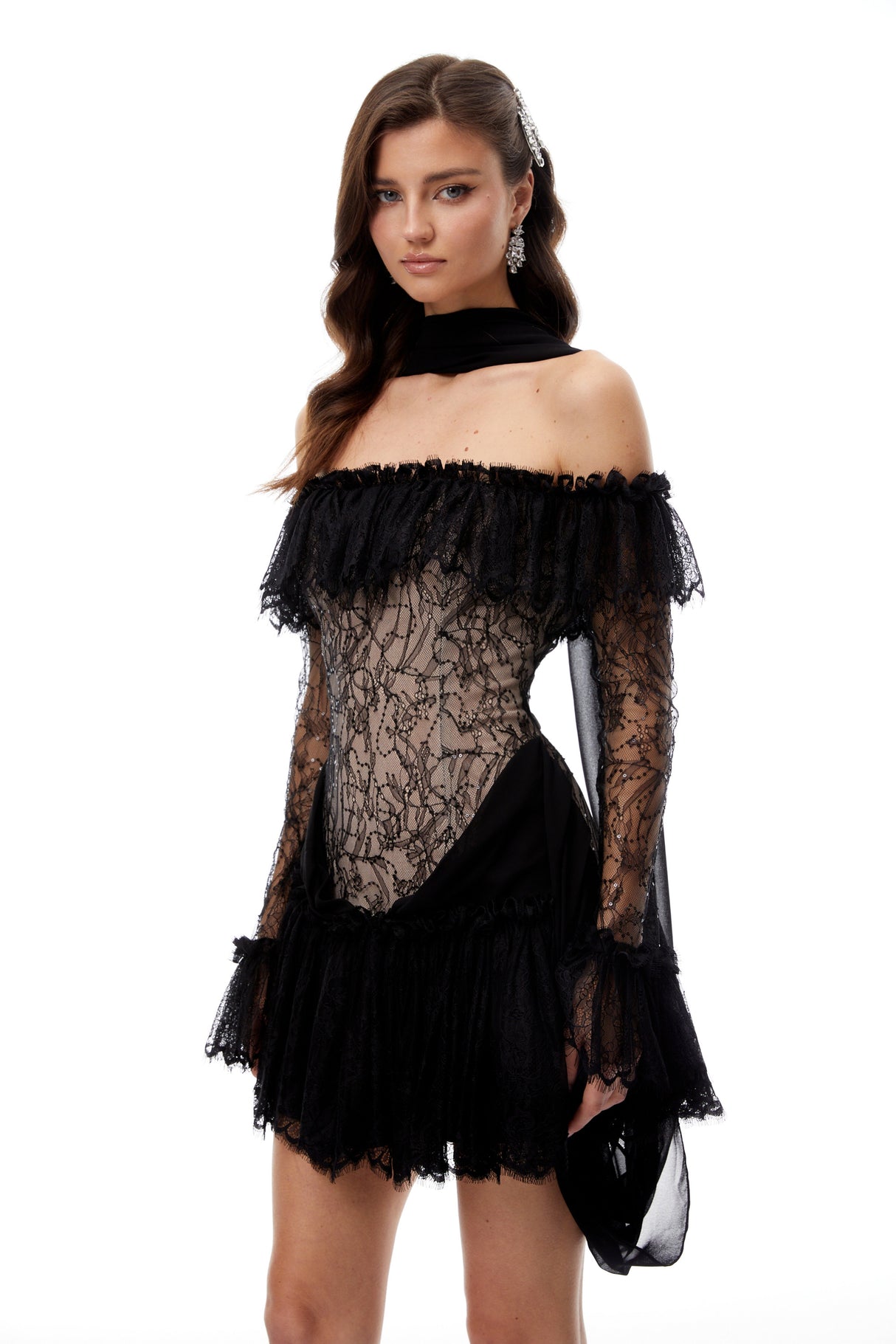 Aurohaya Erling Black Sequined Floral Lace Mini Dress