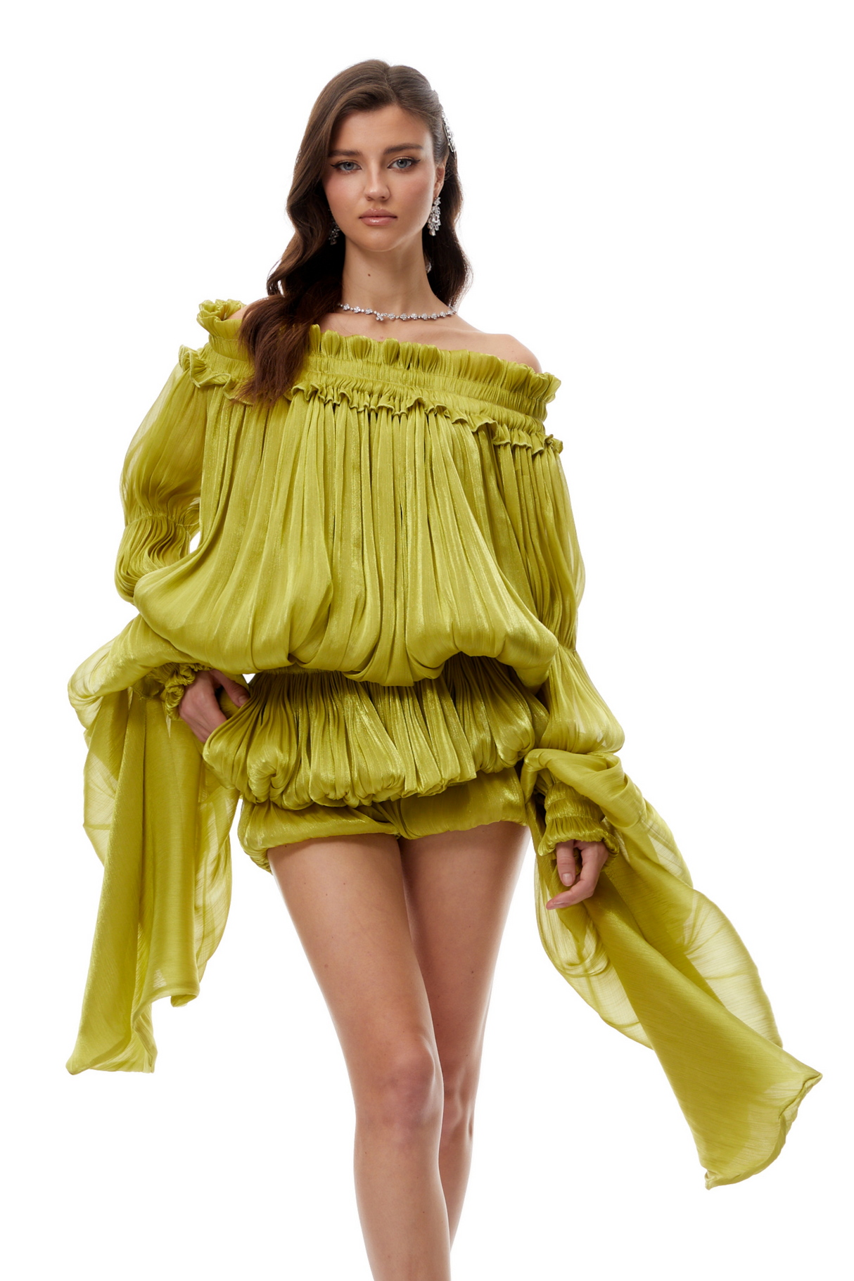Aurohaya Marcia Green Off Shoulder Shirred Glossy Mini Dress