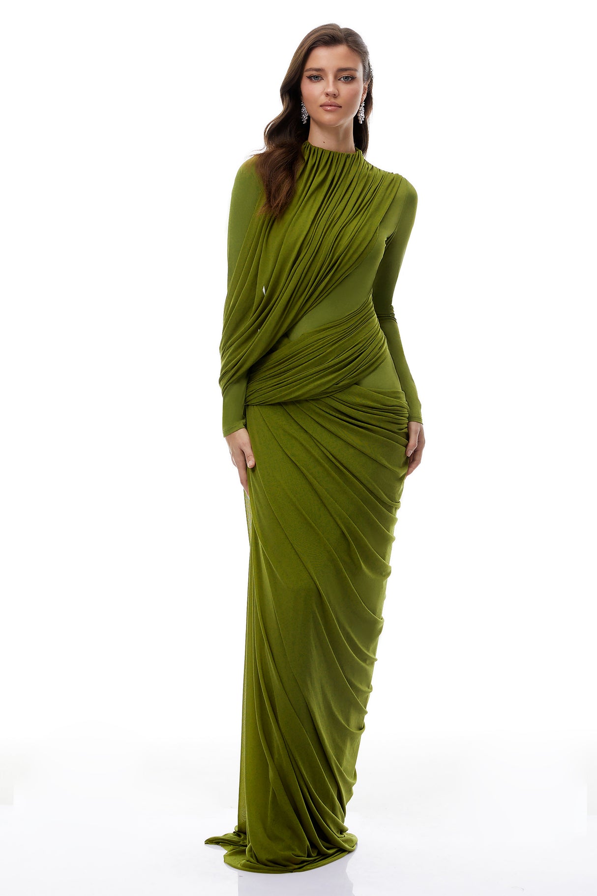 Aurohaya Arlette Green Asymmetrical Ruched Maxi Dress