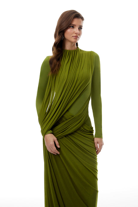 Aurohaya Arlette Green Asymmetrical Ruched Maxi Dress
