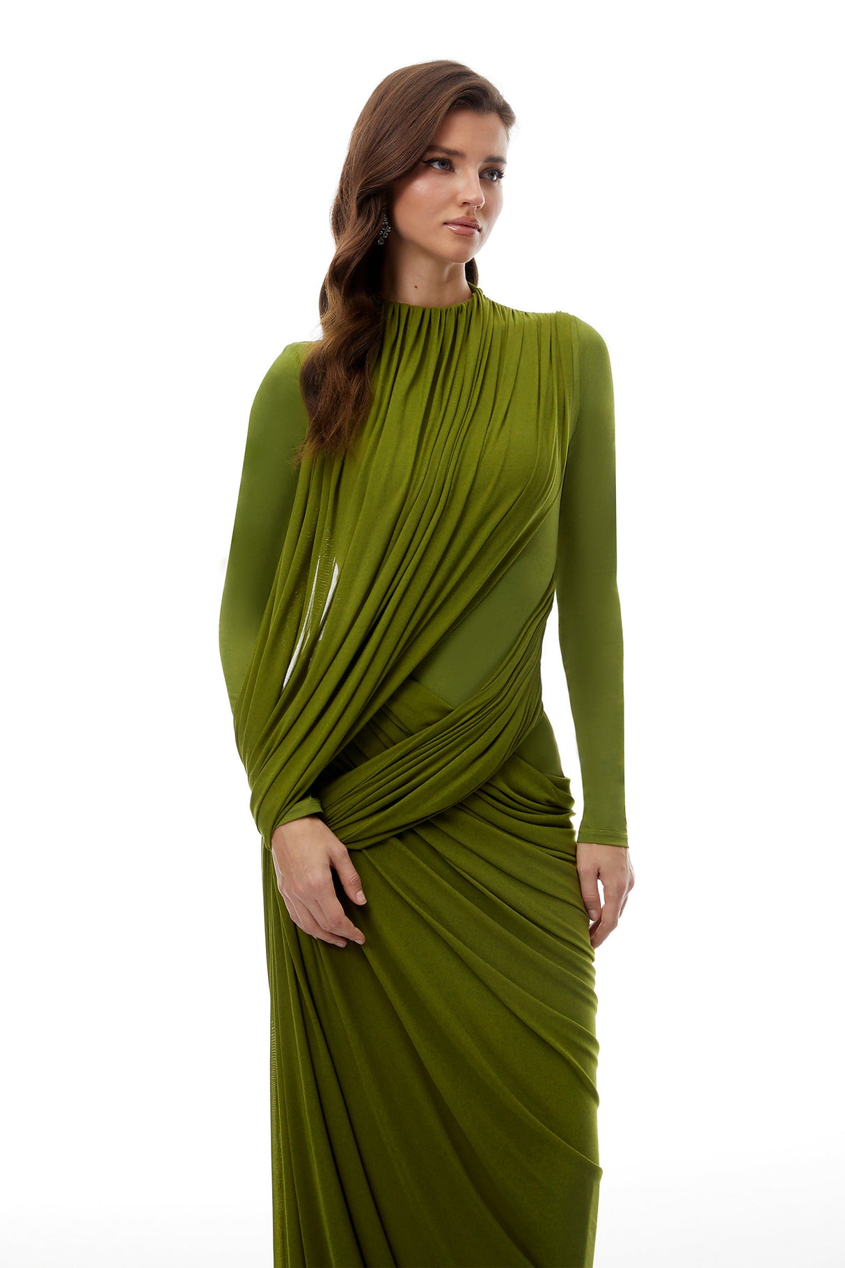 Aurohaya Arlette Green Asymmetrical Ruched Maxi Dress