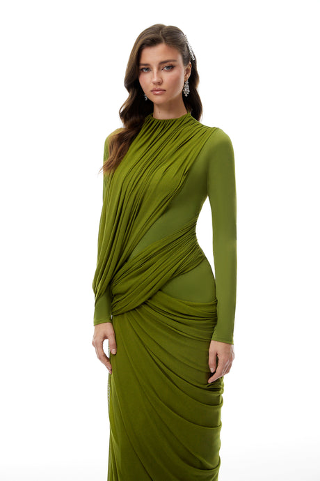 Aurohaya Arlette Green Asymmetrical Ruched Maxi Dress