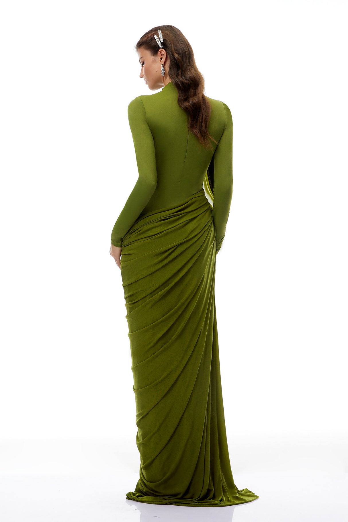Aurohaya Arlette Green Asymmetrical Ruched Maxi Dress