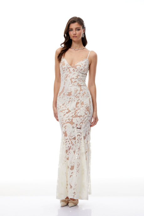 Aurohaya Paloma White Floral Lace Tulle Maxi Dress
