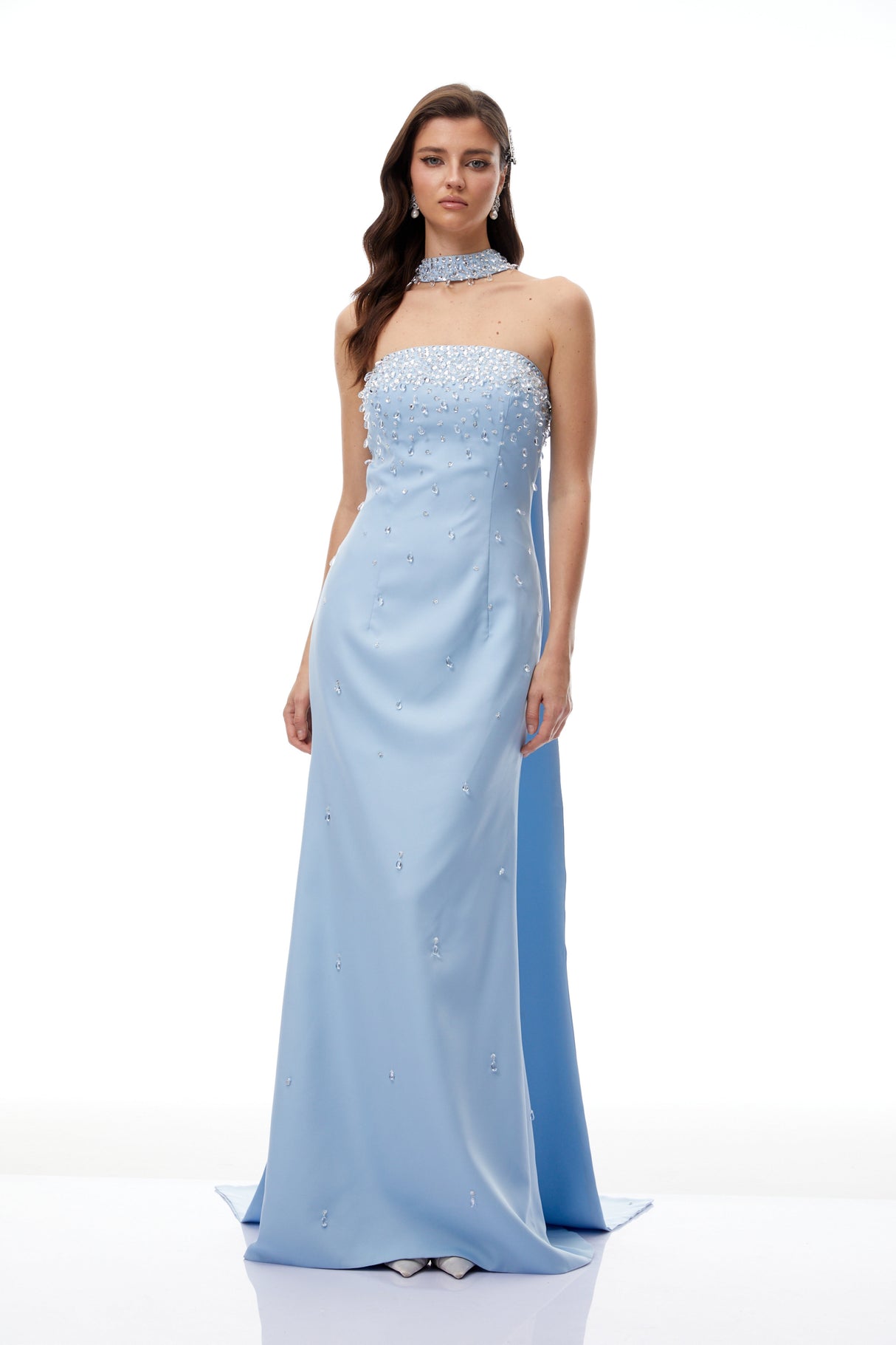 Aurohaya Arianna Blue Scarf Detail Embellished Maxi Gown