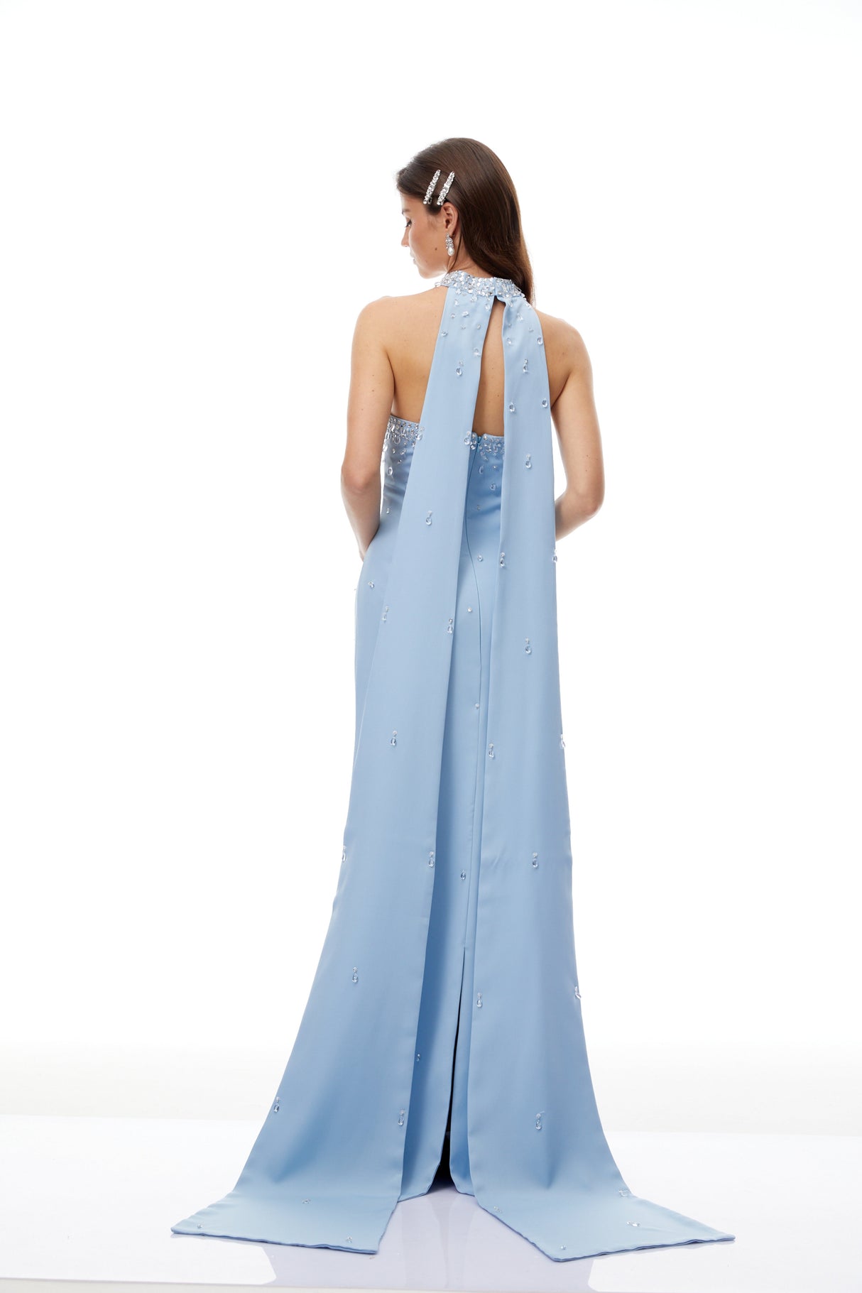 Aurohaya Arianna Blue Scarf Detail Embellished Maxi Gown