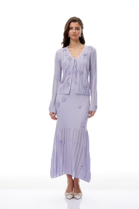Aurohaya Graca Lavender Floral Ribbed Knit Cardigan & Dress Set