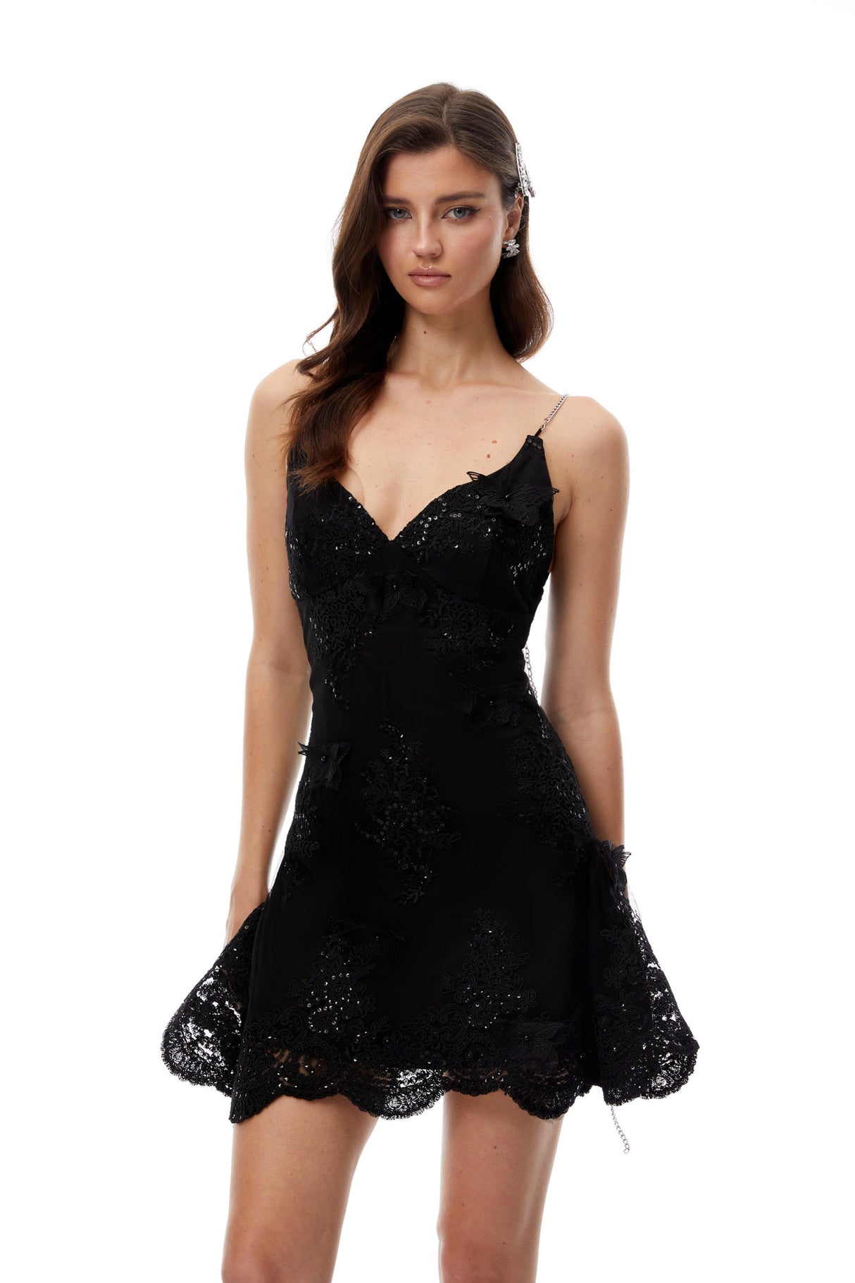 Aurohaya Eartha Black Embroidered Lace Trim Mini Dress