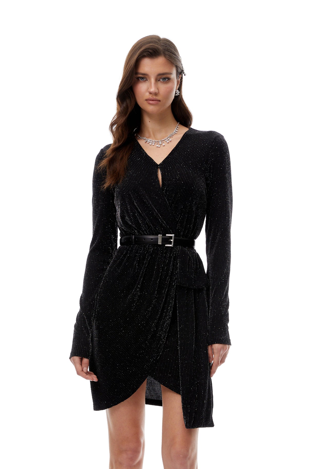 Aurohaya Betsy Black Asymmetrical Gathered Wrap Mini Dress