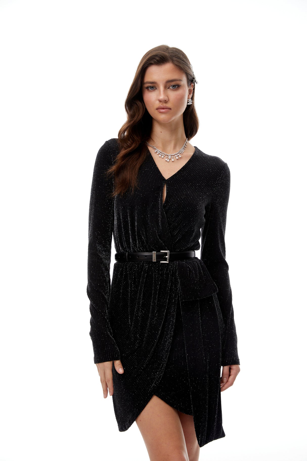 Aurohaya Betsy Black Asymmetrical Gathered Wrap Mini Dress