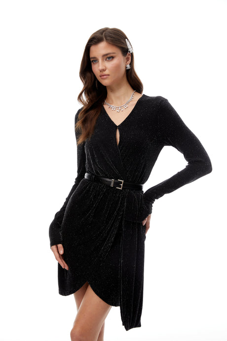 Aurohaya Betsy Black Asymmetrical Gathered Wrap Mini Dress