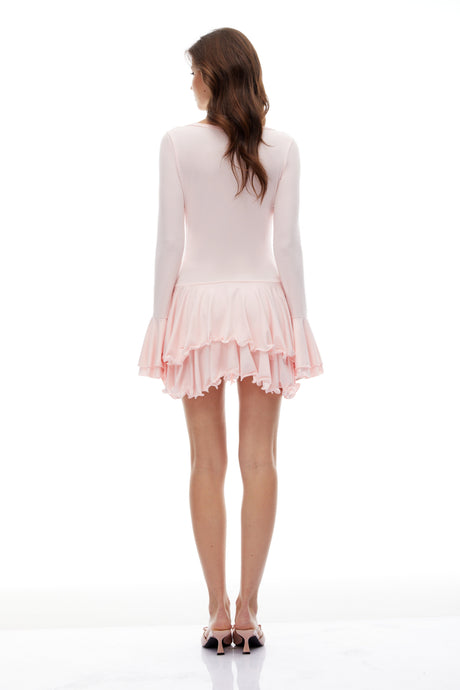 Aurohaya Roseline Pink Asymmetrical Ruffled Tiered Mini Dress