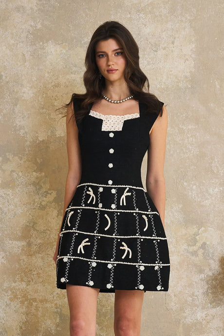 Aurohaya Gelsomina Black Appliqué Detail Tweed Jacket & Dress Set