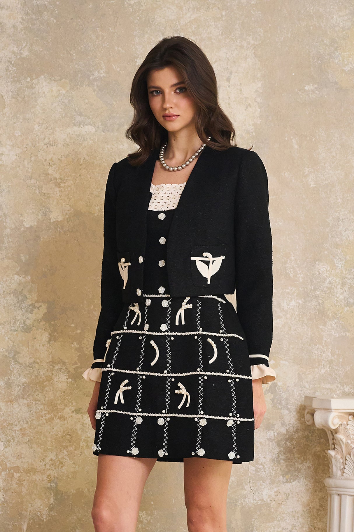 Aurohaya Gelsomina Black Appliqué Detail Tweed Jacket & Dress Set