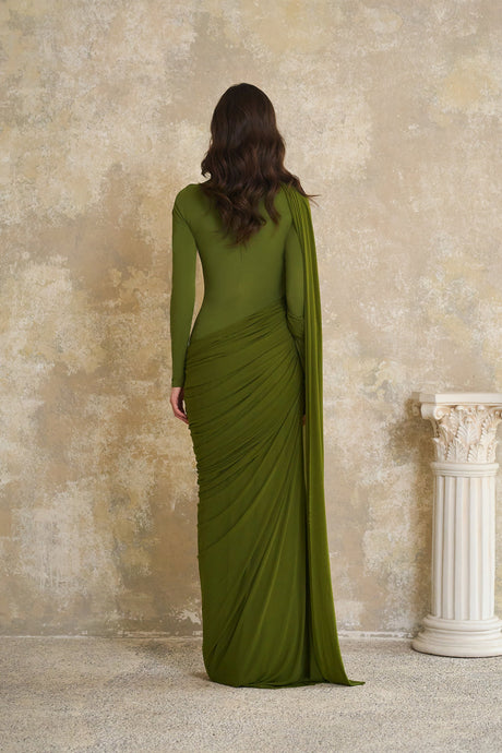 Aurohaya Emilia Green Asymmetrical Ribbon Draped Maxi Dress