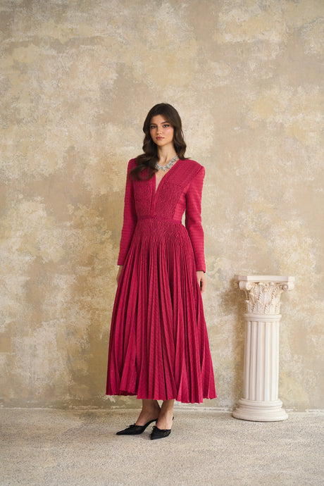 Aurohaya Ortensia Red Braided Pleated Tweed Midi Dress