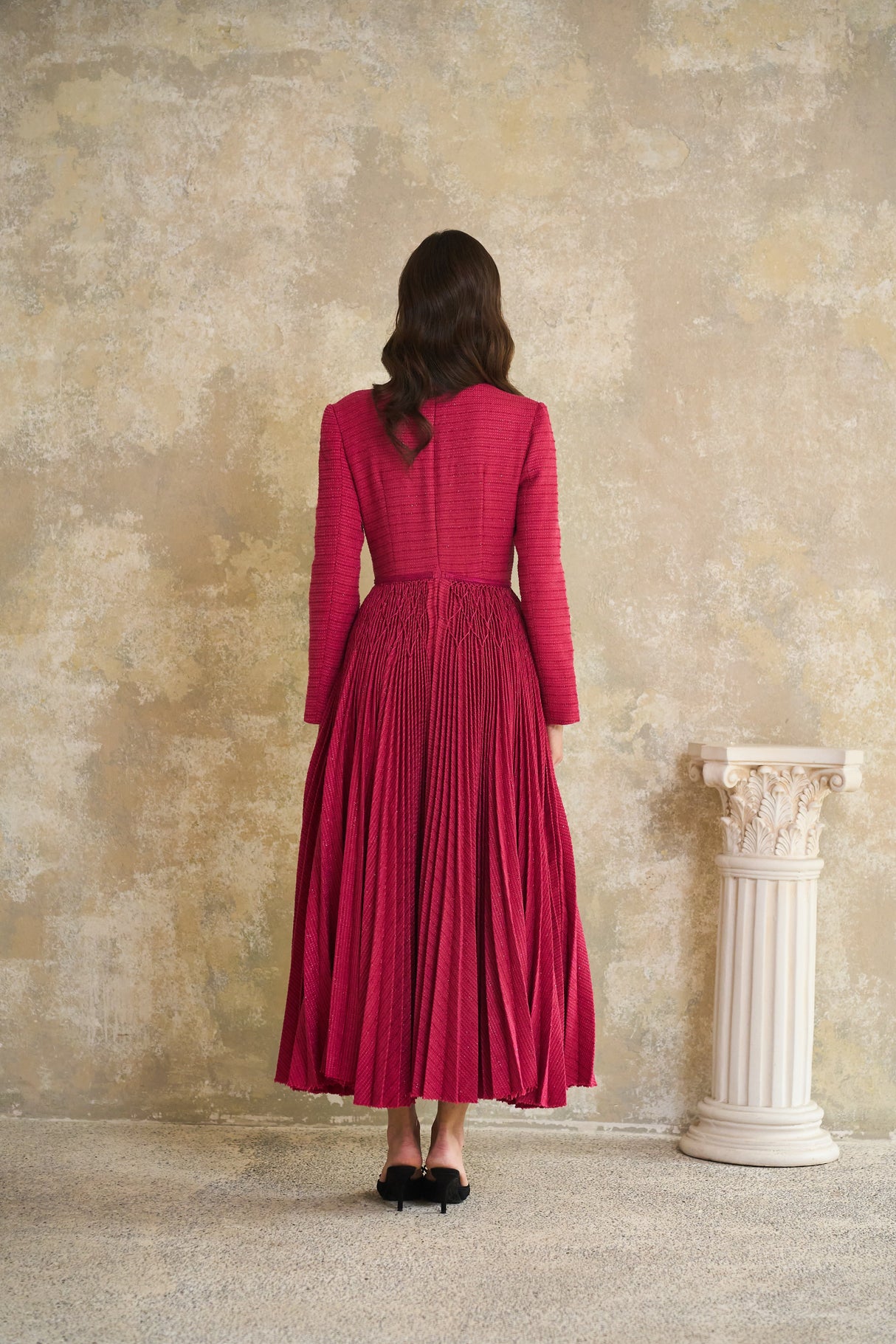 Aurohaya Ortensia Red Braided Pleated Tweed Midi Dress