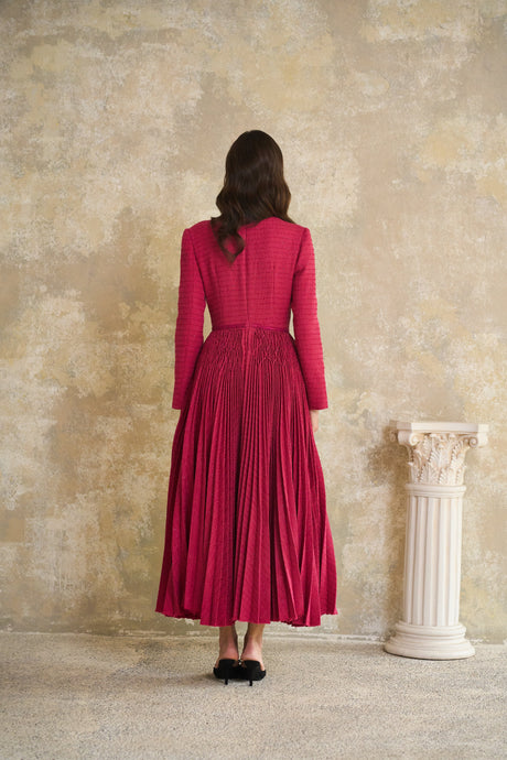 Aurohaya Ortensia Red Braided Pleated Tweed Midi Dress