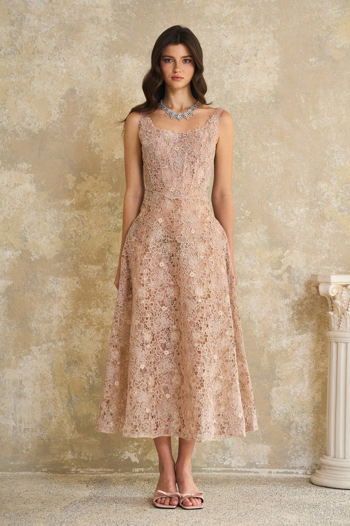 Aurohaya Kristoffer Pink Floral Lace Midi Dress