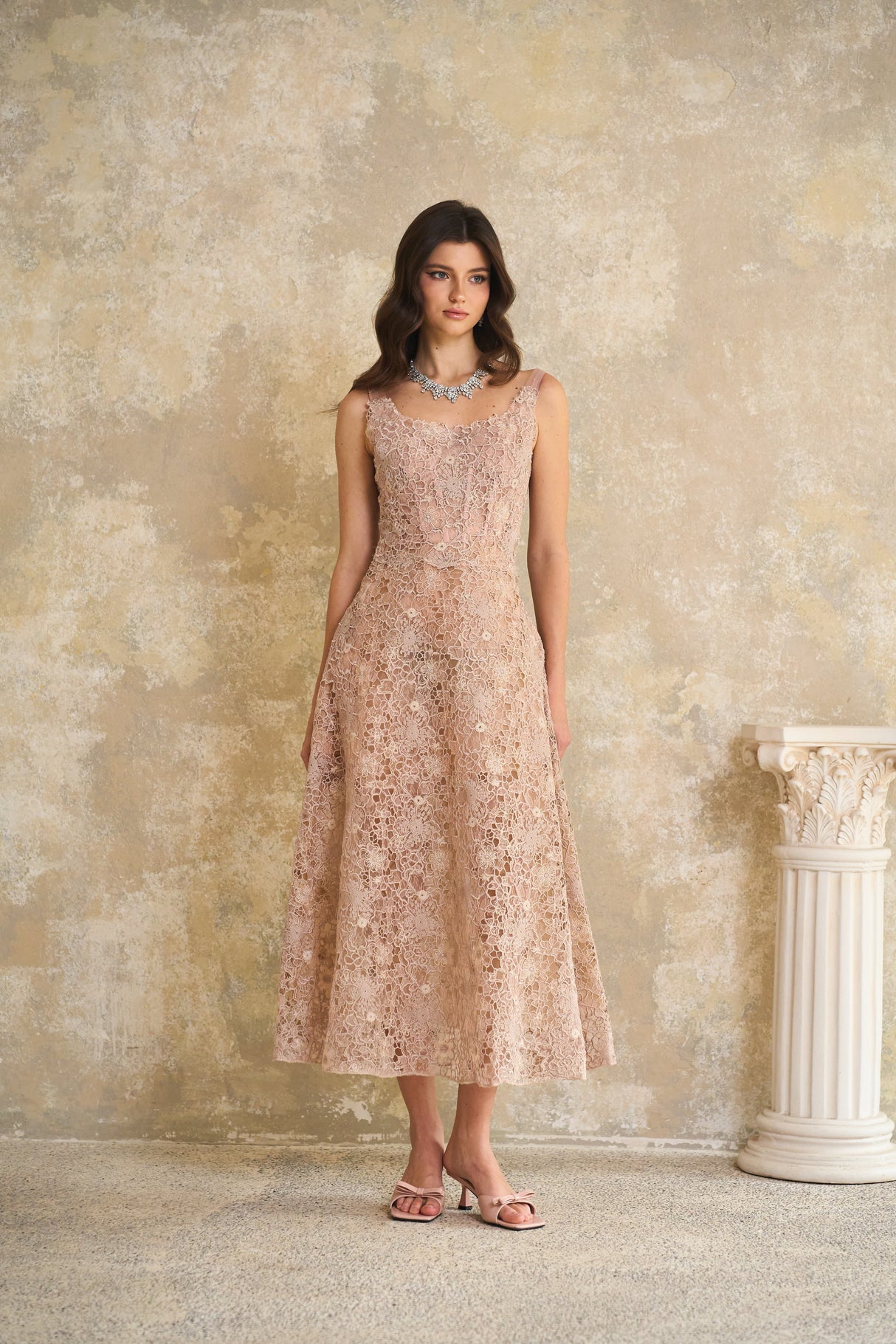 Aurohaya Kristoffer Pink Floral Lace Midi Dress