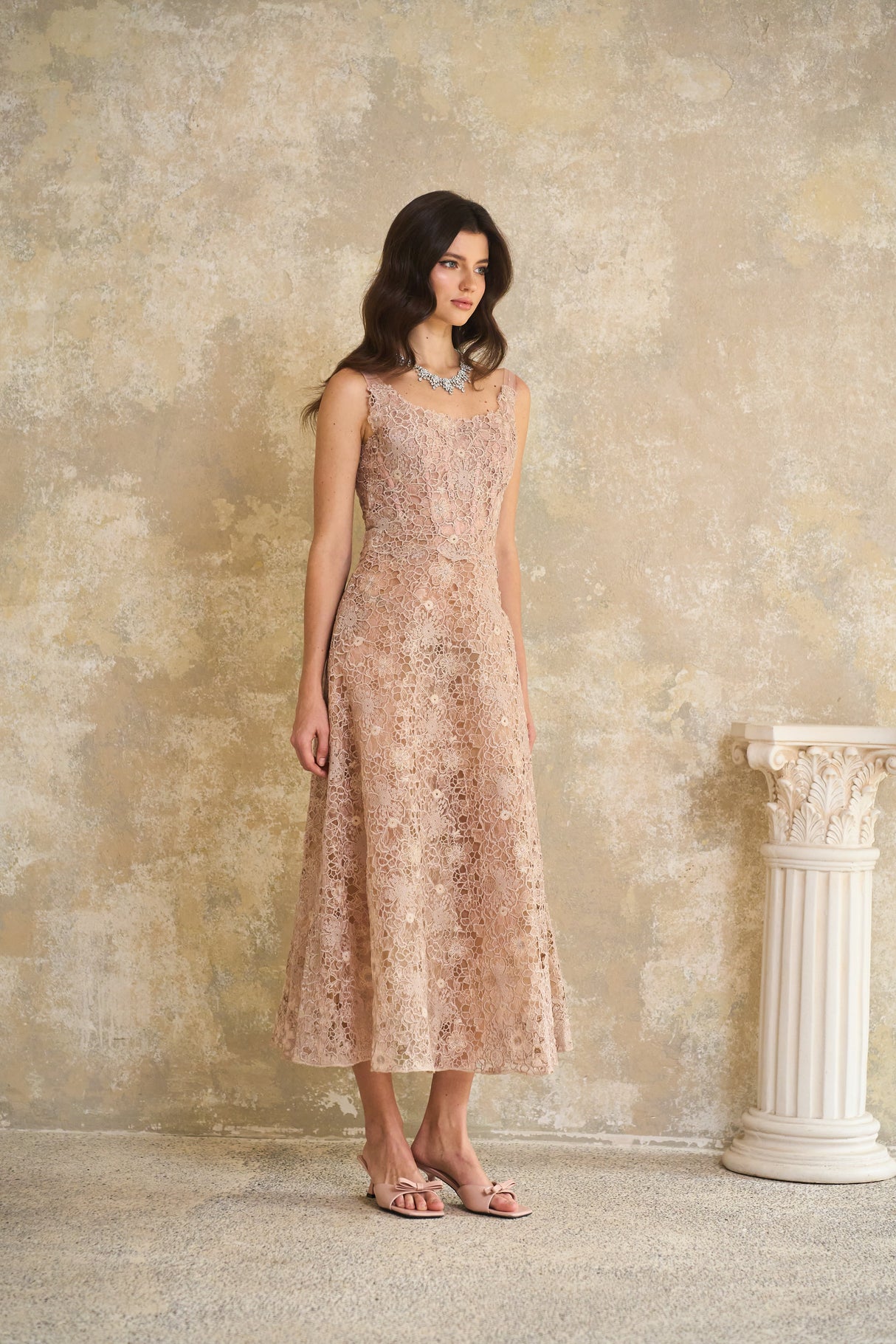 Aurohaya Kristoffer Pink Floral Lace Midi Dress
