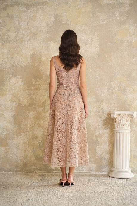 Aurohaya Kristoffer Pink Floral Lace Midi Dress