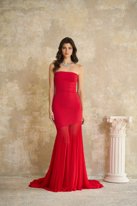 Aurohaya Josiane Red Off-shoulder Sheer Tulle Maxi Dress