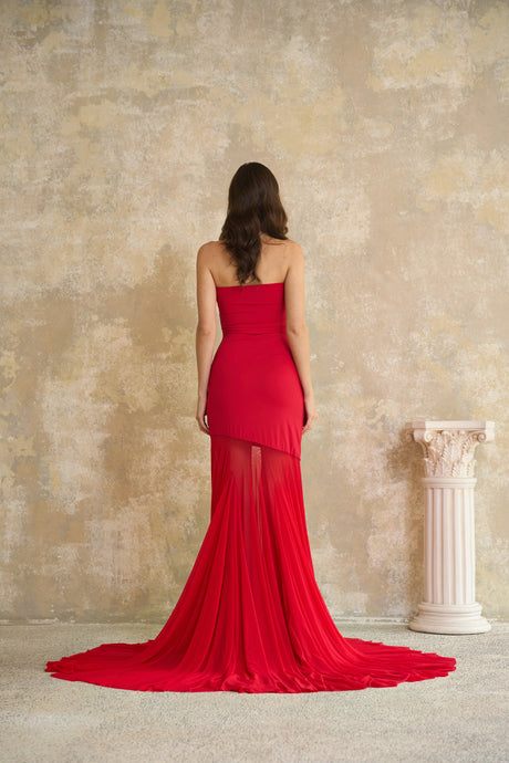 Aurohaya Josiane Red Off-shoulder Sheer Tulle Maxi Dress