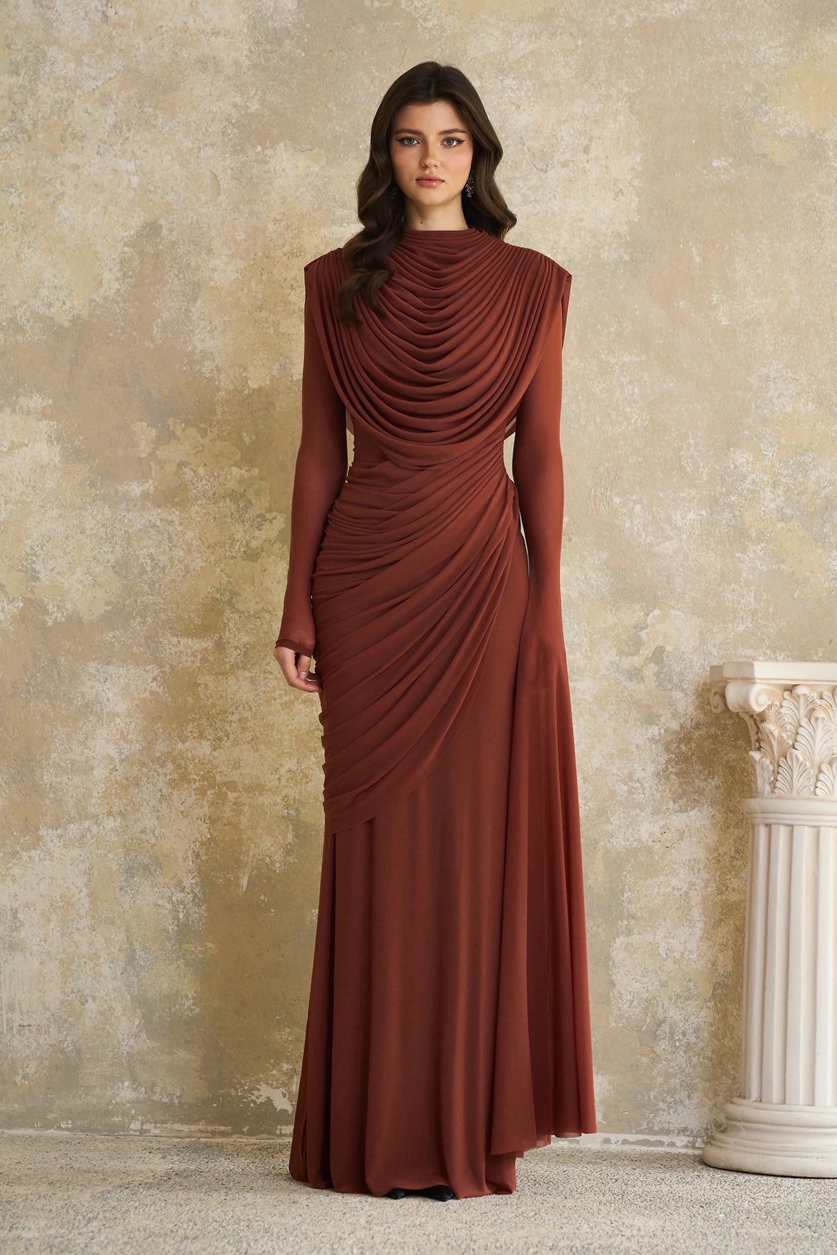 Aurohaya Danaé Brown Shirred-effect Draped Maxi Dress