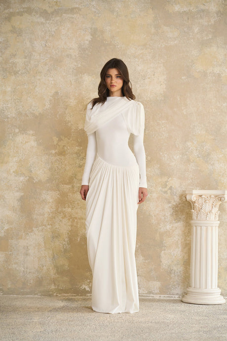 Aurohaya Bronwyn White Draped Pleated Asymmetrical Maxi Dress