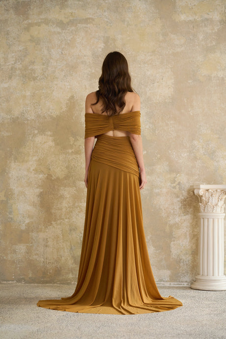 Aurohaya Ludivine Ocher Off-shoulder Cut-out Ruched Maxi Dress