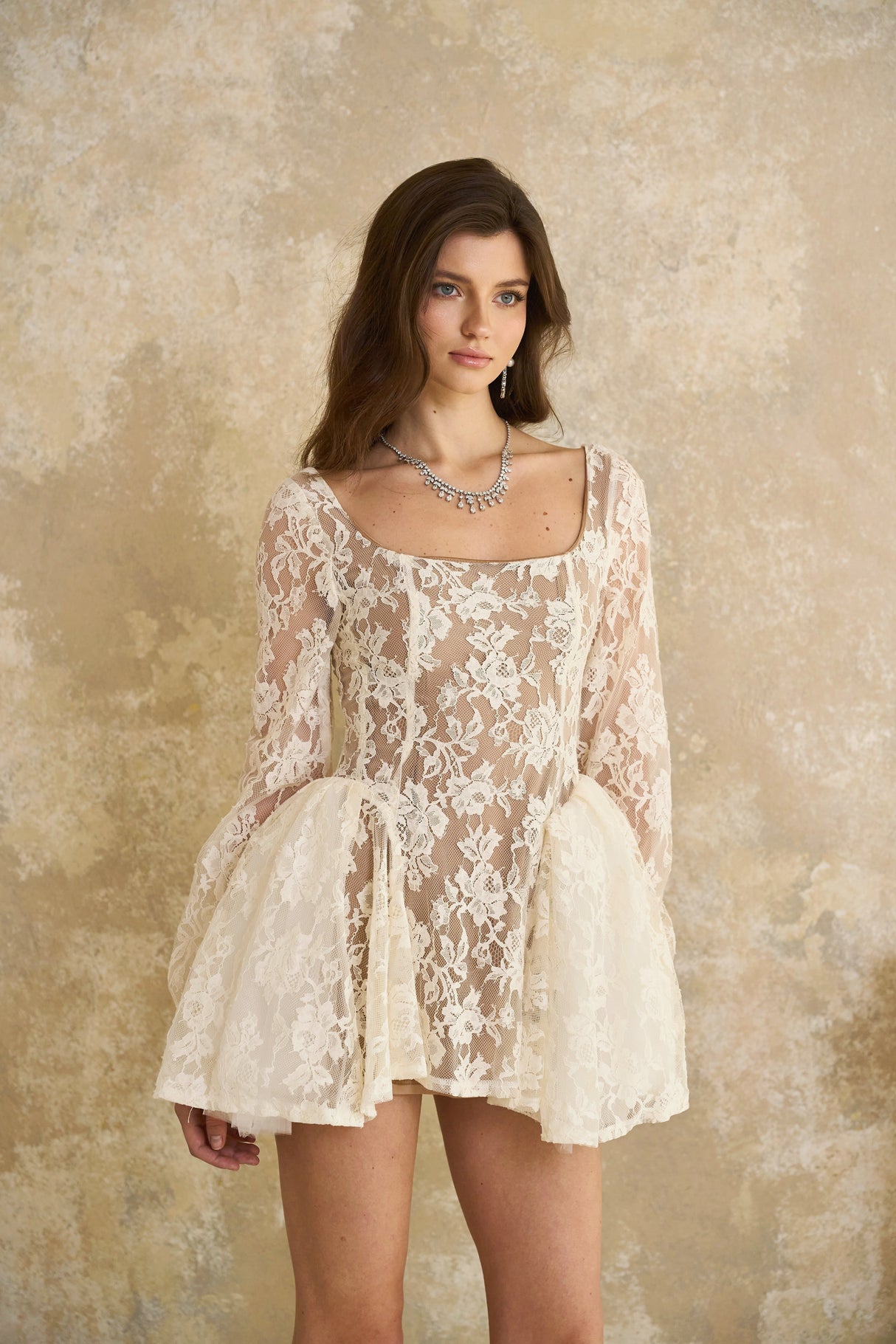 Aurohaya Alva Neutral Floral Lace Mini Dress