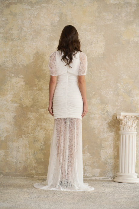 Aurohaya Sylphe White Asymmetrical Ruched Mesh Maxi Dress