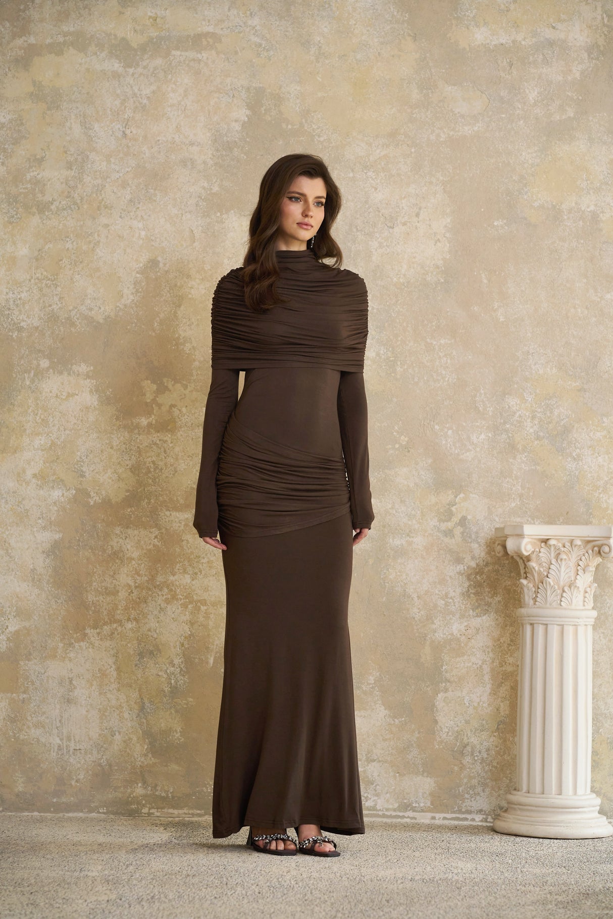 Aurohaya Éléna Brown Cape Design Ruched Maxi Dress
