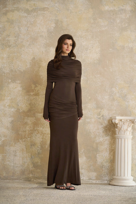 Aurohaya Éléna Brown Cape Design Ruched Maxi Dress
