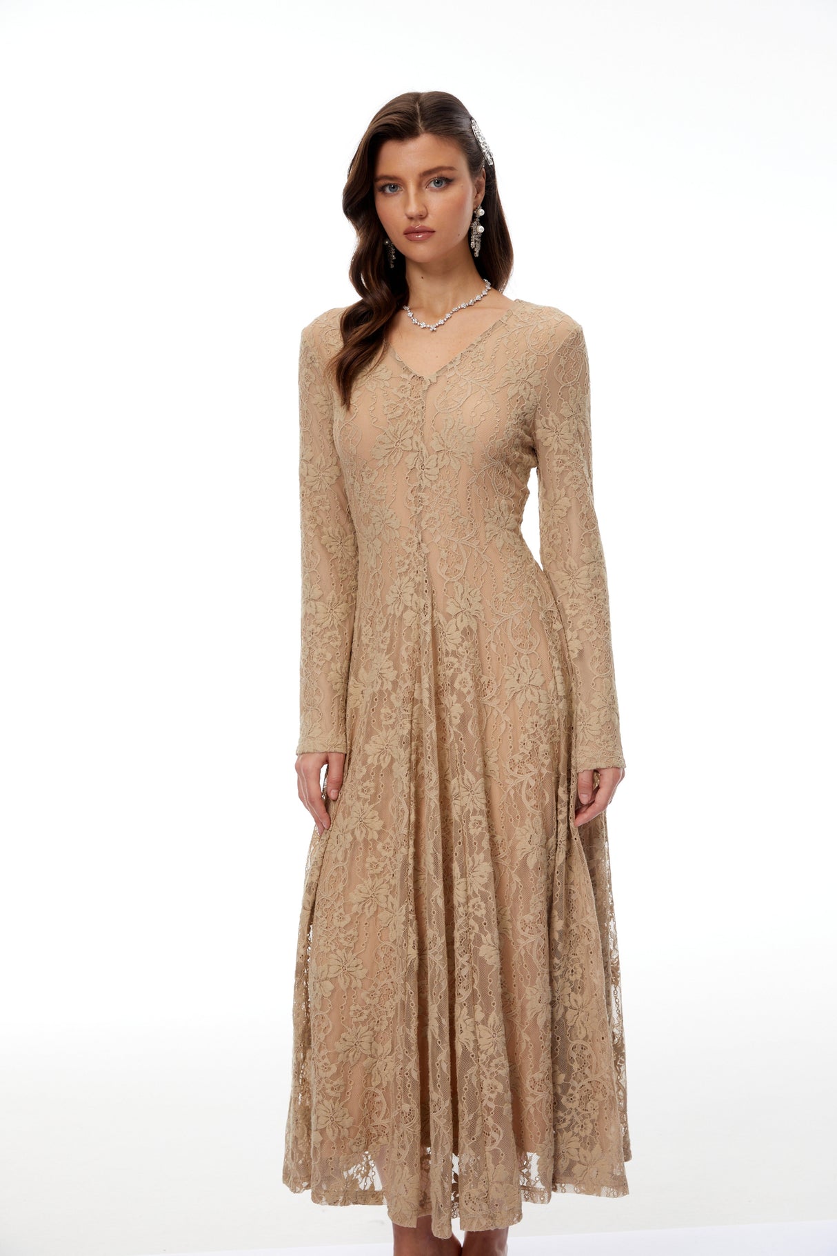 Aurohaya Fernanda Neutral Floral Lace Midi Dress