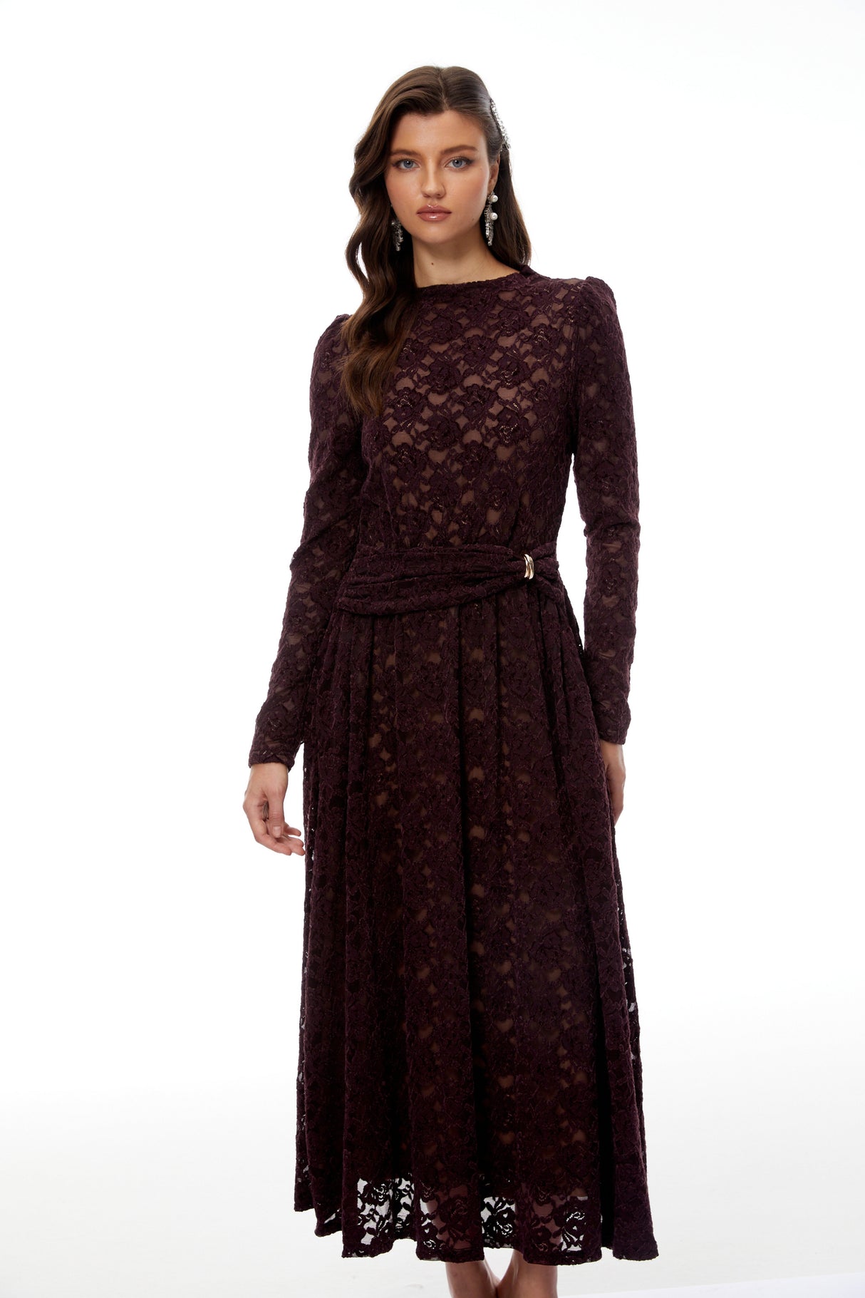 Aurohaya Ricardo Burgundy Chenille Lace Midi Dress