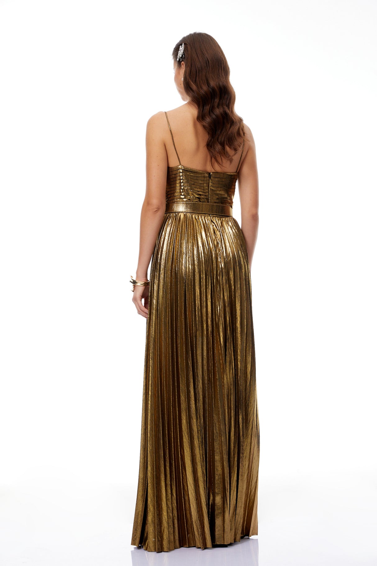 Aurohaya Calliope Gold Glossy Pleated Maxi Dress