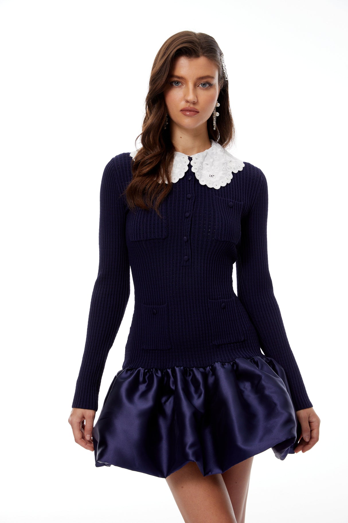 Aurohaya Aroa Navy Blue Satin Panel Knit Mini Dress