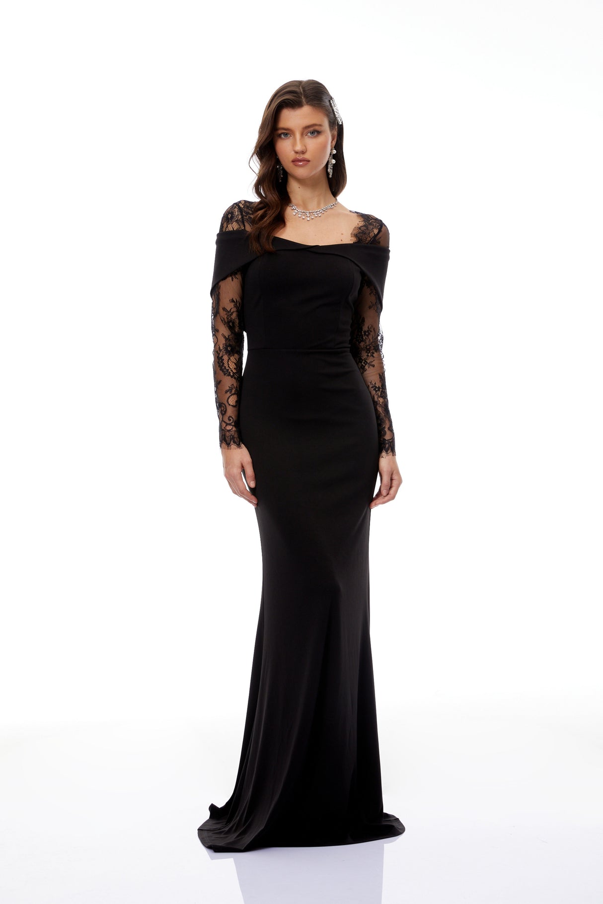 Aurohaya Georgiana Black Lace Panel Flared Maxi Gown