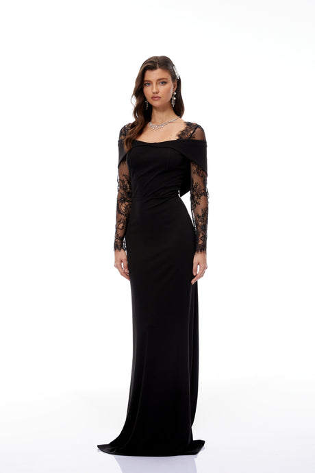 Aurohaya Georgiana Black Lace Panel Flared Maxi Gown