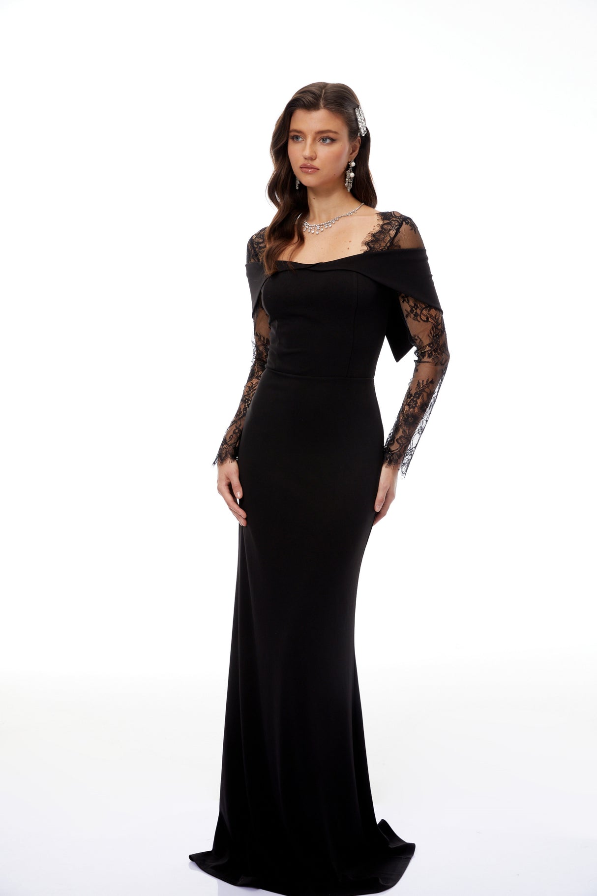 Aurohaya Georgiana Black Lace Panel Flared Maxi Gown