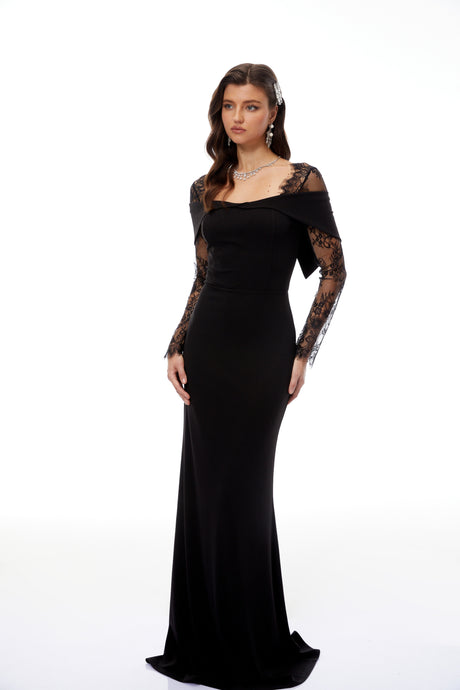 Aurohaya Georgiana Black Lace Panel Flared Maxi Gown