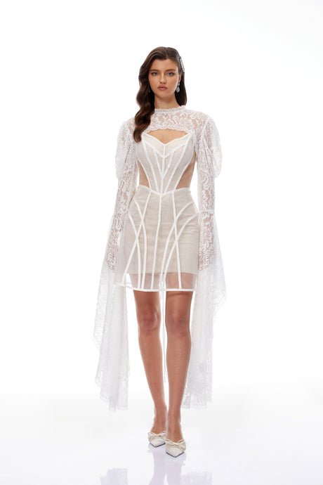Aurohaya Ilaria White Lace Shrug & Linear Organza Dress Set