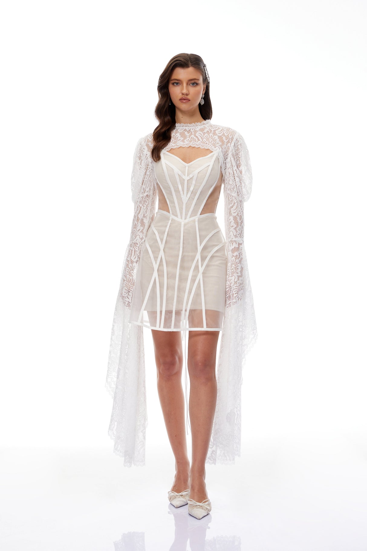 Aurohaya Ilaria White Lace Shrug & Linear Organza Dress Set