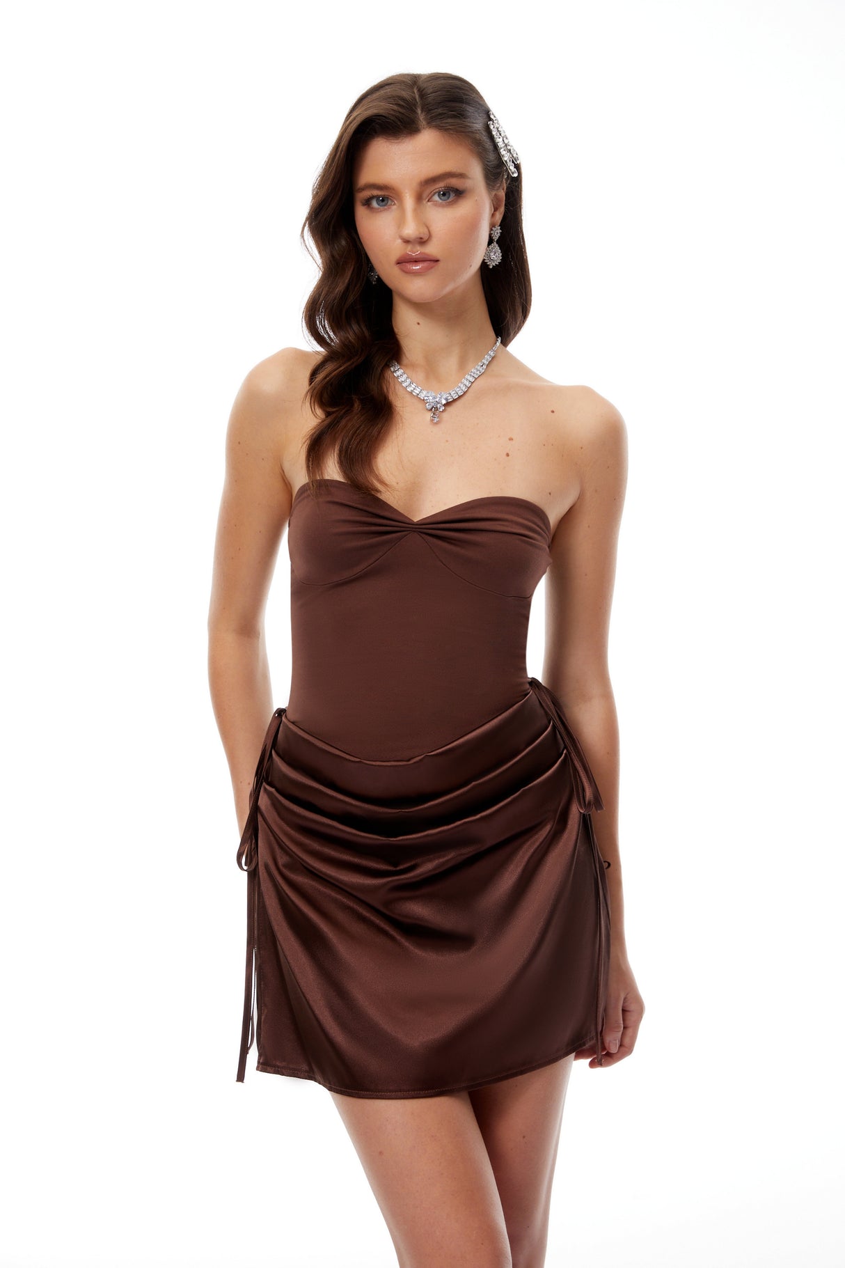 Aurohaya Evelina Brown Strapless Satin Panel Mini Dress