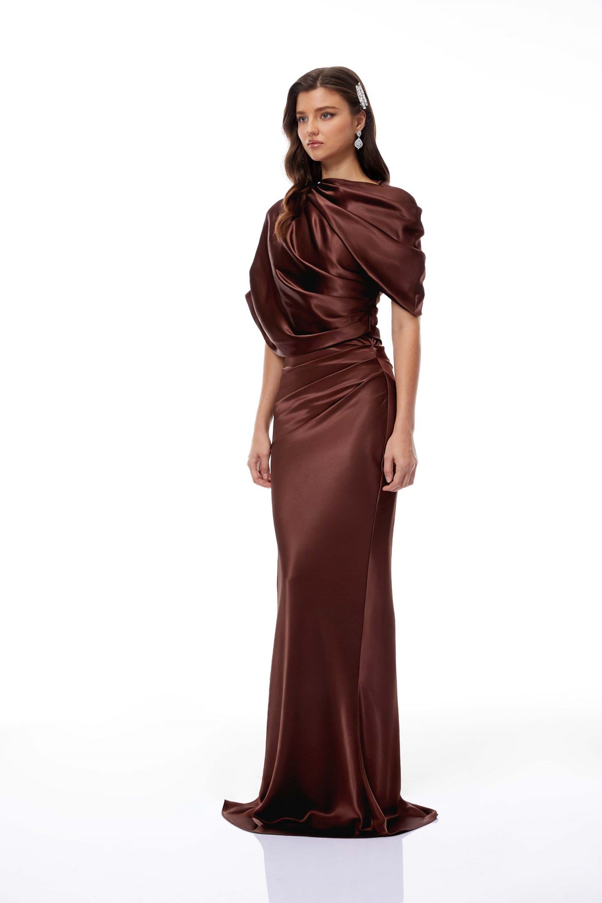 Aurohaya Luisa Brown Asymmetrical Gathered Satin Maxi Dress