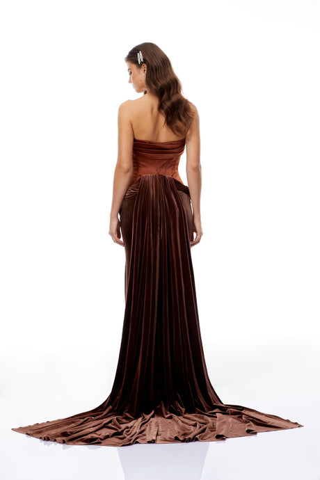 Aurohaya Zoé Brown Strapless Velvet Corset Maxi Gown