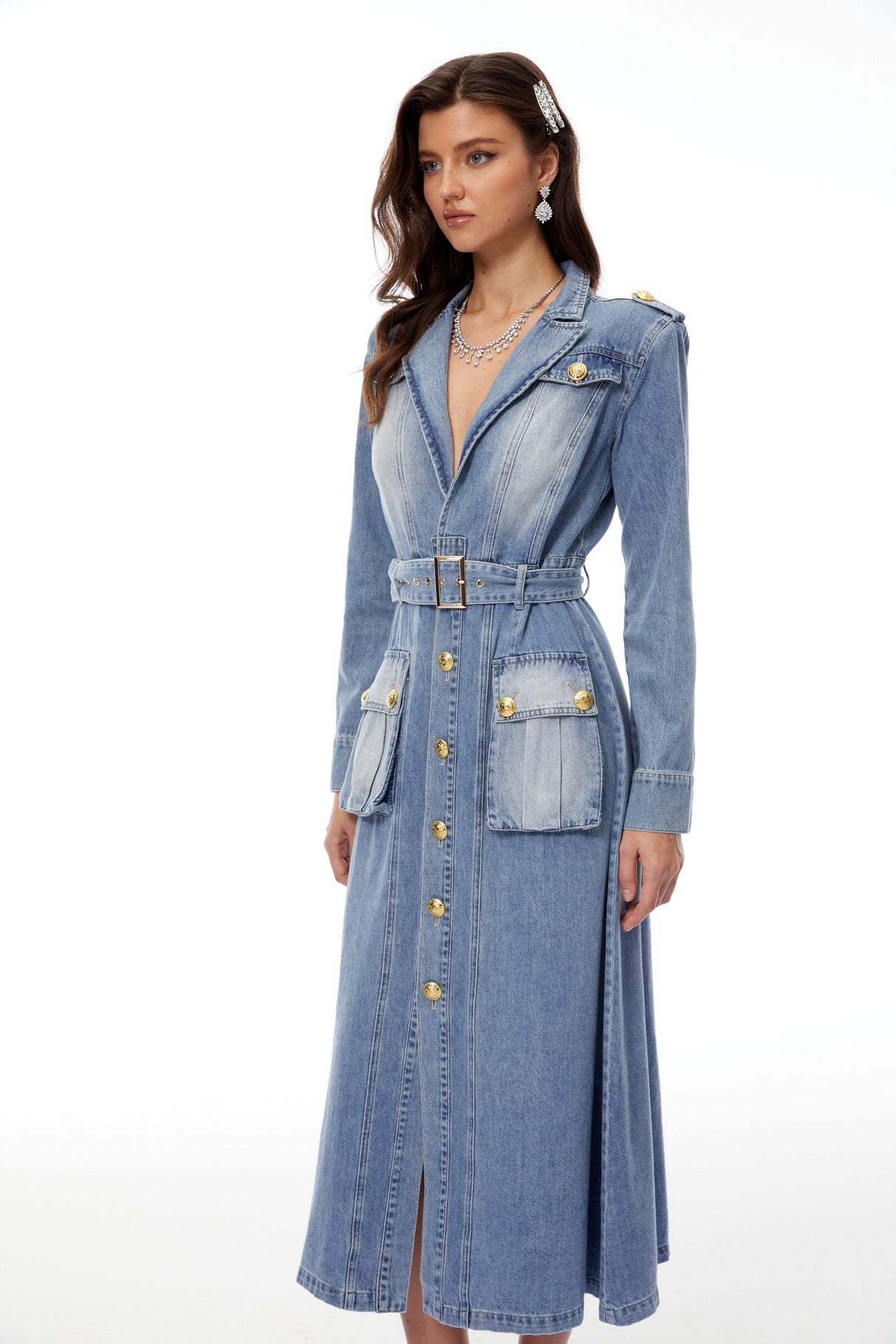 Aurohaya Tyra Blue Faded Denim Maxi Dress