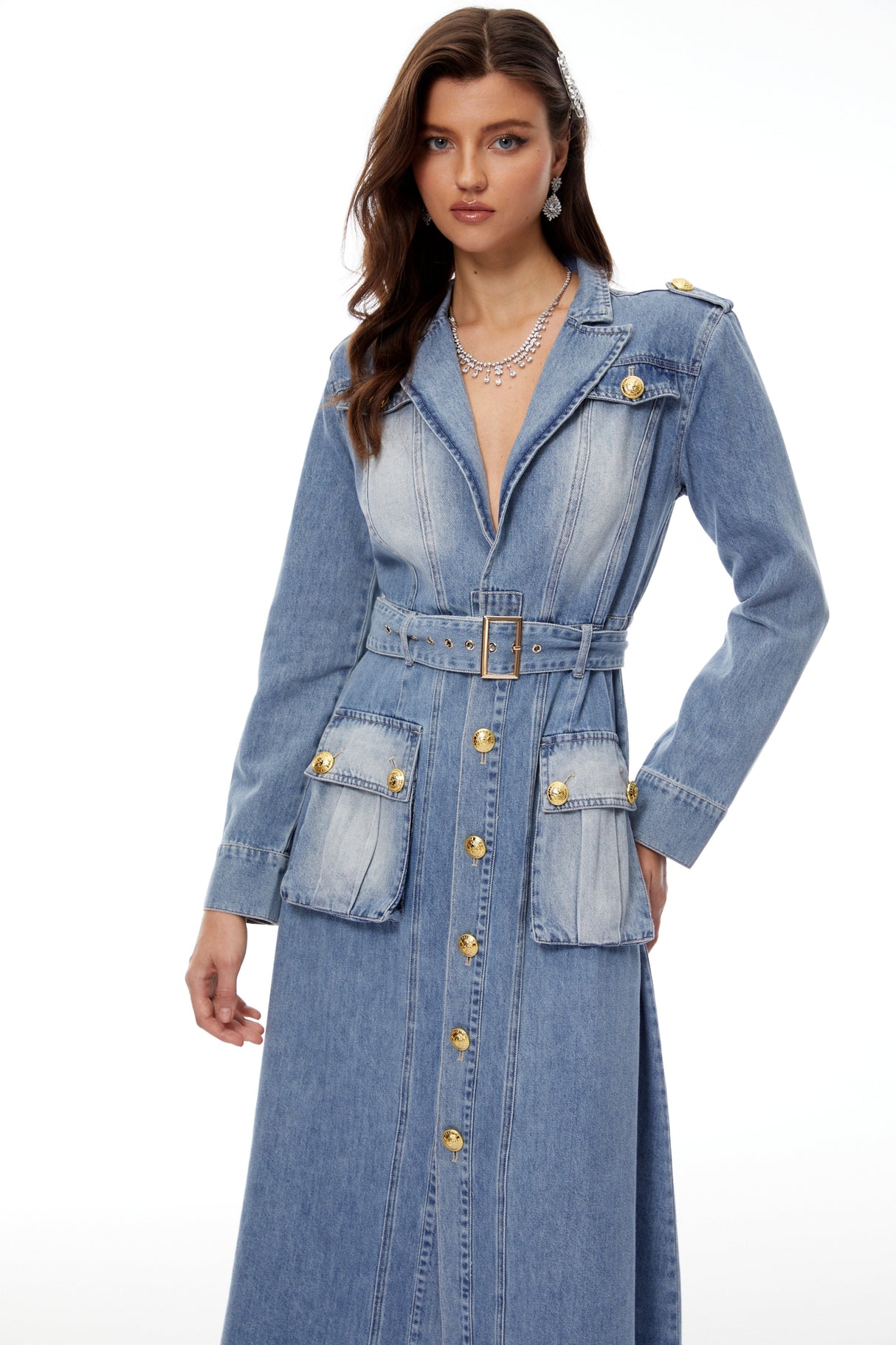 Aurohaya Tyra Blue Faded Denim Maxi Dress